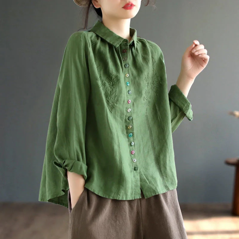 Camicia da donna in cotone e lino con etichetta a bottone colorato e maniche lunghe con ricamo primaverile Buddha Stones - Image 10