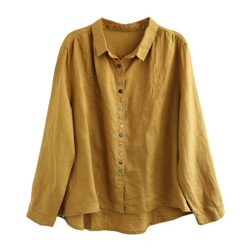 Camicia da donna in cotone e lino con etichetta a bottone colorato e maniche lunghe con ricamo primaverile Buddha Stones - Image 4