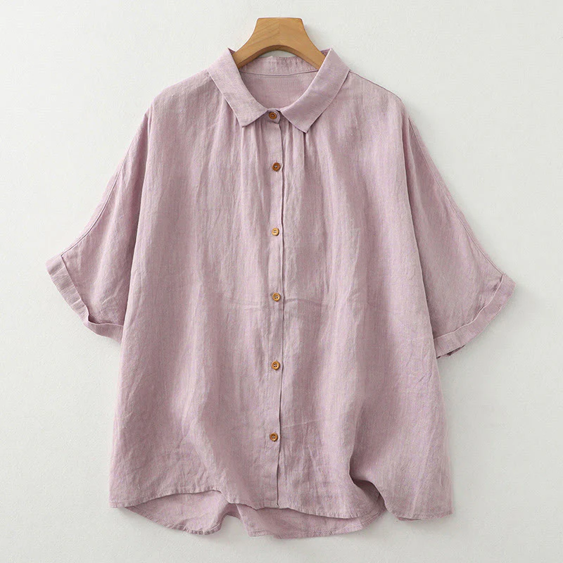 Camicia da donna in cotone e lino con maniche a mezza manica, casual, con bottoni semplici, motivo Buddha Stones - Image 2