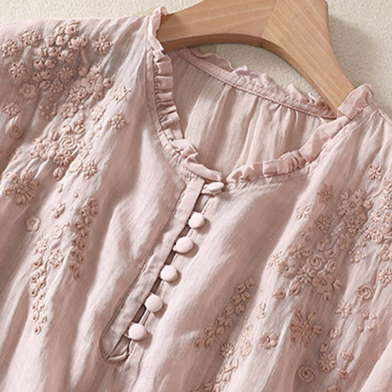 Camicia da donna a maniche corte con sbuffo, motivo floreale ricamato, motivo Buddha Stones, casual e semplice - Image 18