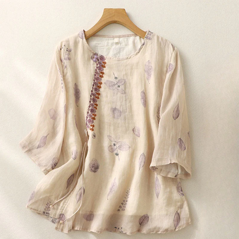 Camicia da donna in cotone e lino con maniche a tre quarti e ricamo di Buddha Stones e foglie