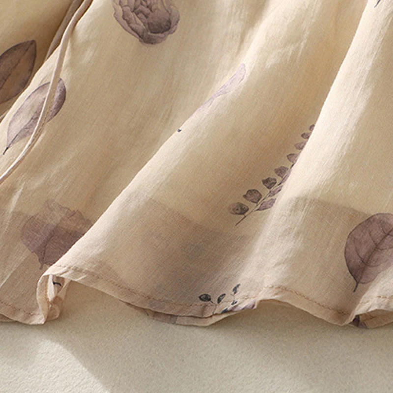 Camicia da donna in cotone e lino con maniche a tre quarti e ricamo di Buddha Stones e foglie - Image 10