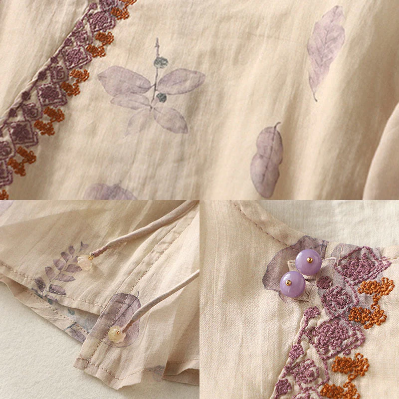 Camicia da donna in cotone e lino con maniche a tre quarti e ricamo di Buddha Stones e foglie - Image 12