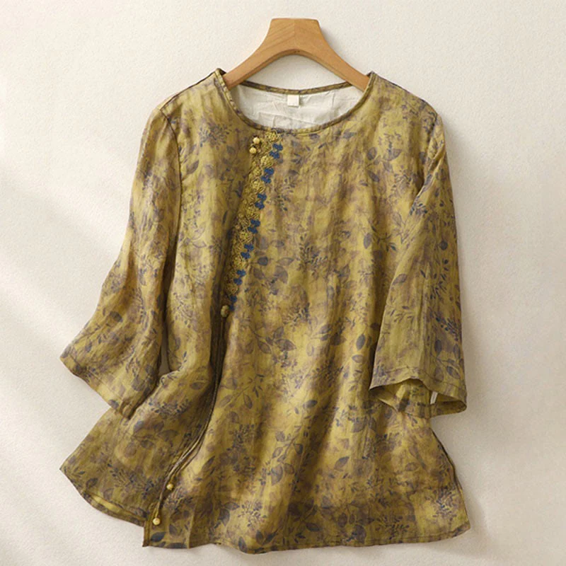 Camicia da donna in cotone e lino con maniche a tre quarti e ricamo di Buddha Stones e foglie - Image 14