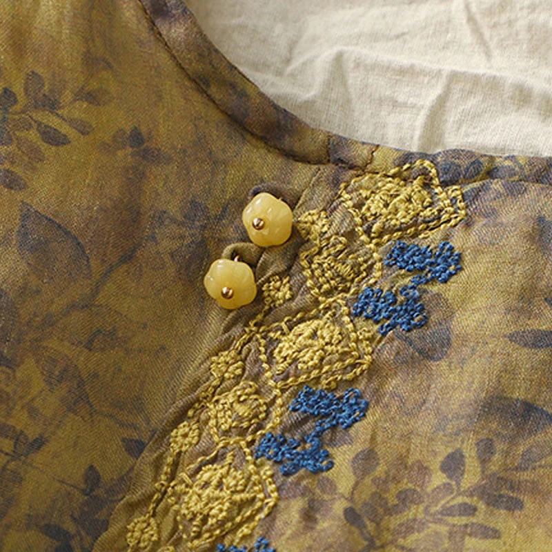 Camicia da donna in cotone e lino con maniche a tre quarti e ricamo di Buddha Stones e foglie - Image 15