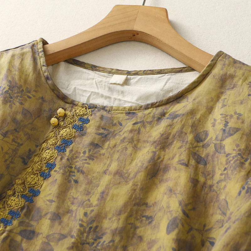 Camicia da donna in cotone e lino con maniche a tre quarti e ricamo di Buddha Stones e foglie - Image 16