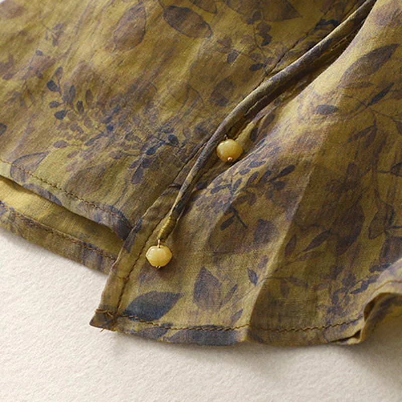 Camicia da donna in cotone e lino con maniche a tre quarti e ricamo di Buddha Stones e foglie - Image 18