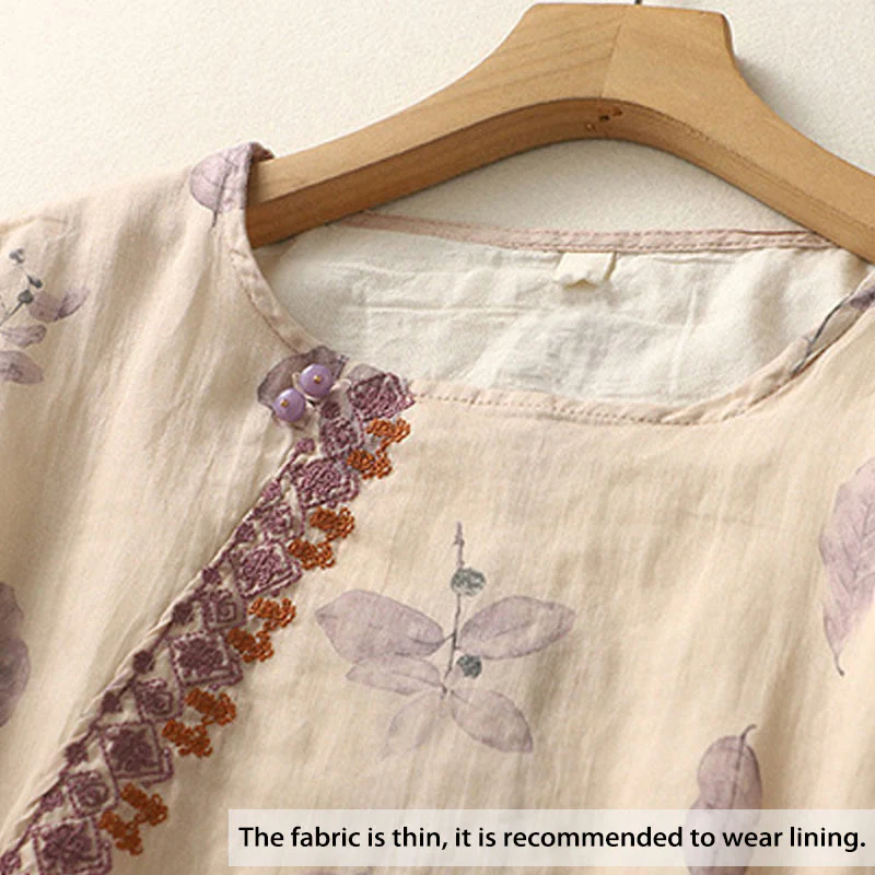 Camicia da donna in cotone e lino con maniche a tre quarti e ricamo di Buddha Stones e foglie - Image 2