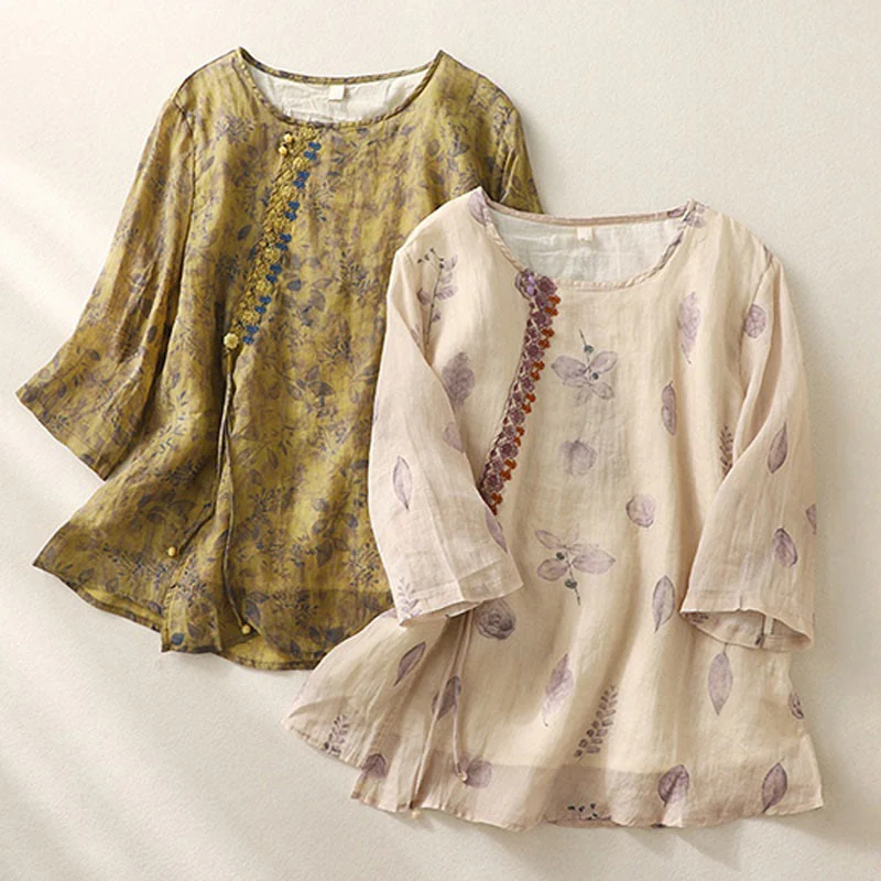 Camicia da donna in cotone e lino con maniche a tre quarti e ricamo di Buddha Stones e foglie - Image 20