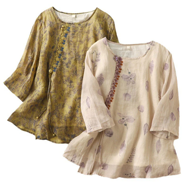 Camicia da donna in cotone e lino con maniche a tre quarti e ricamo di Buddha Stones e foglie - Image 21
