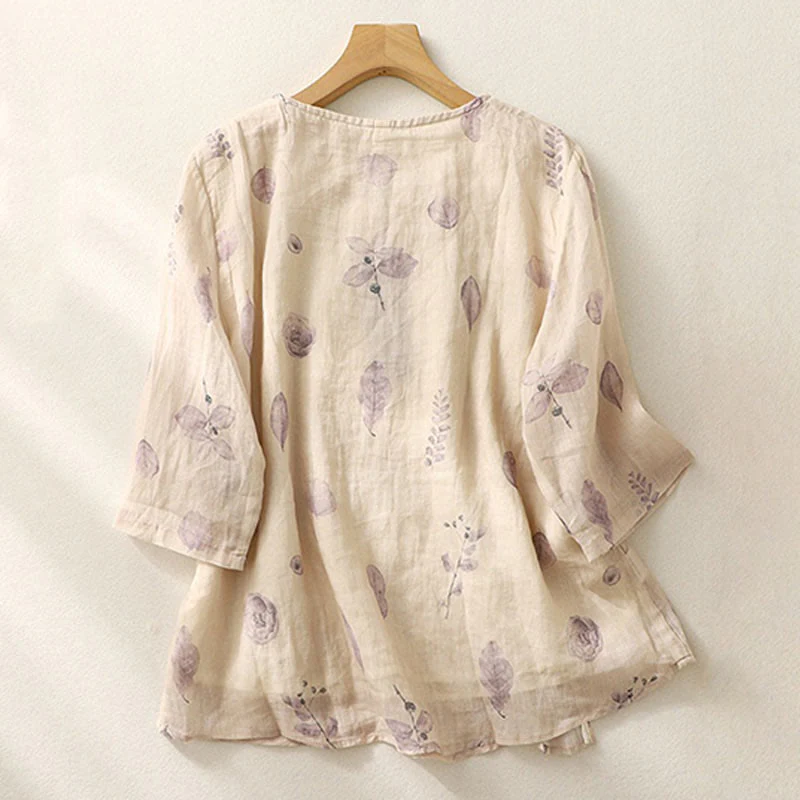 Camicia da donna in cotone e lino con maniche a tre quarti e ricamo di Buddha Stones e foglie - Image 3