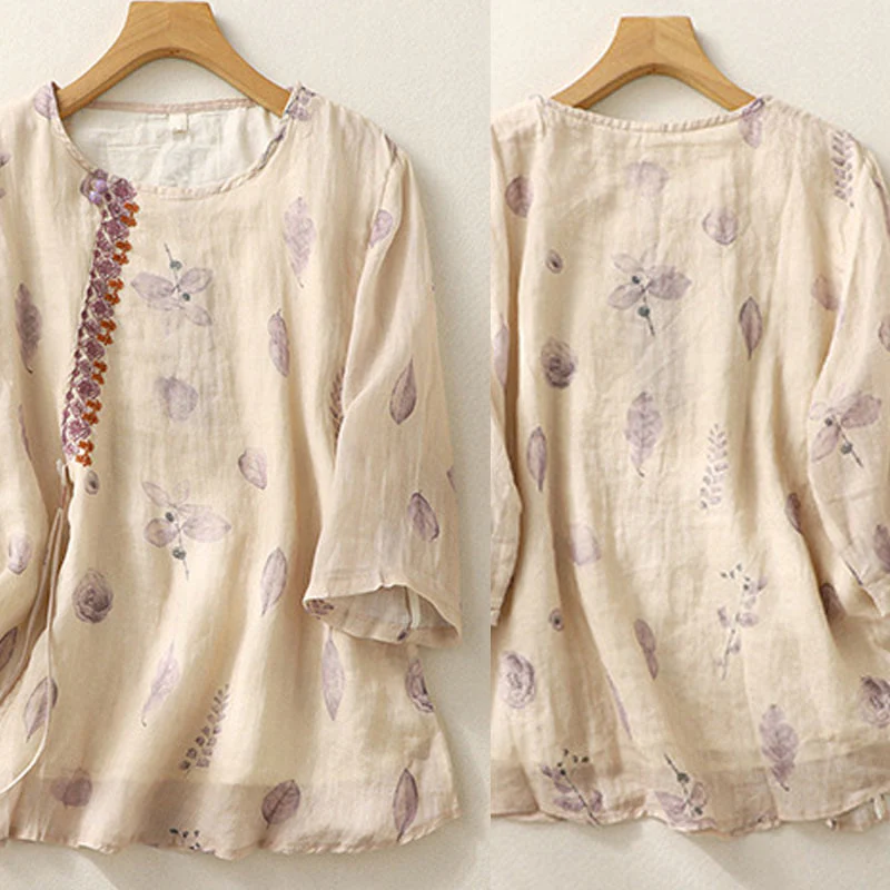 Camicia da donna in cotone e lino con maniche a tre quarti e ricamo di Buddha Stones e foglie - Image 4