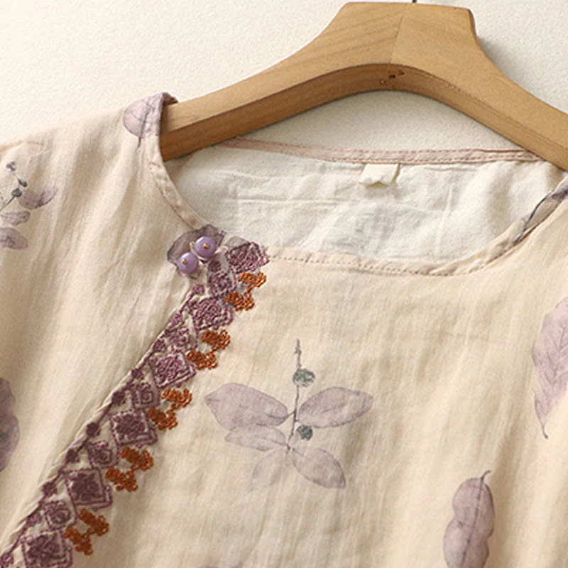 Camicia da donna in cotone e lino con maniche a tre quarti e ricamo di Buddha Stones e foglie - Image 5