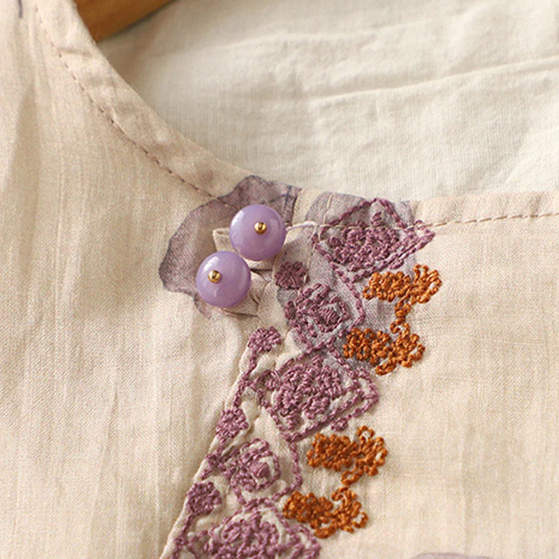 Camicia da donna in cotone e lino con maniche a tre quarti e ricamo di Buddha Stones e foglie - Image 6