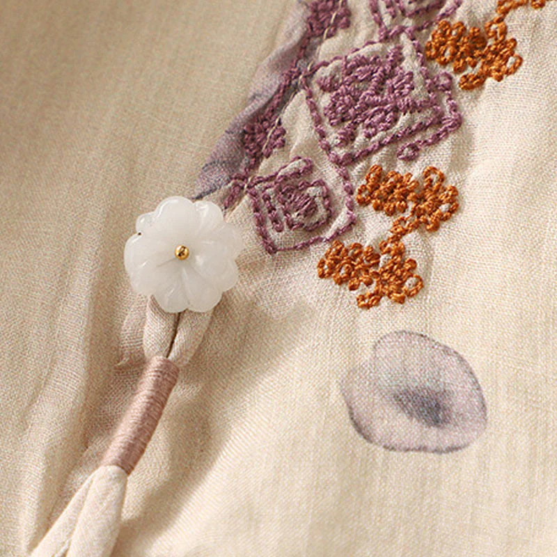 Camicia da donna in cotone e lino con maniche a tre quarti e ricamo di Buddha Stones e foglie - Image 7