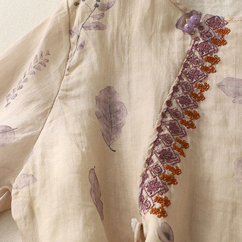 Camicia da donna in cotone e lino con maniche a tre quarti e ricamo di Buddha Stones e foglie - Image 8