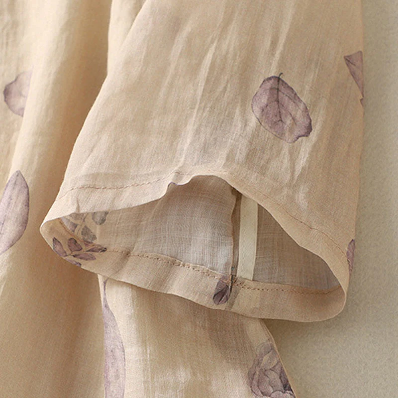 Camicia da donna in cotone e lino con maniche a tre quarti e ricamo di Buddha Stones e foglie - Image 9