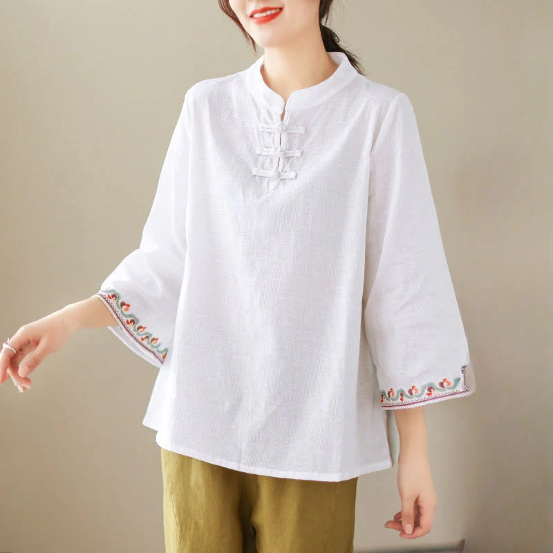 Camicia da donna in cotone e lino con maniche a tre quarti, modello girocollo, in jacquard casual con bottoni a rana e motivo Buddha Stones
