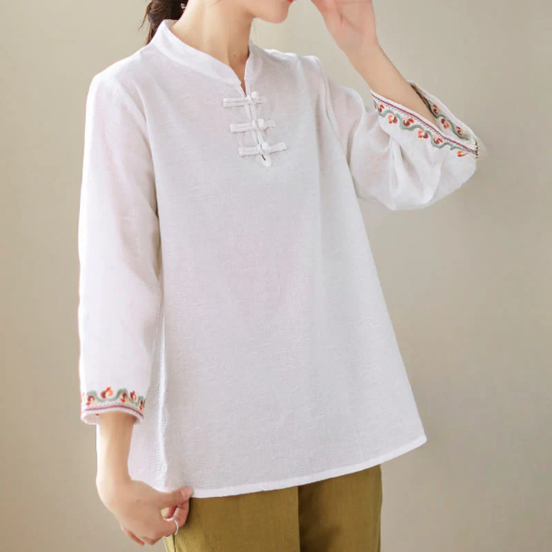 Camicia da donna in cotone e lino con maniche a tre quarti, modello girocollo, in jacquard casual con bottoni a rana e motivo Buddha Stones - Image 10