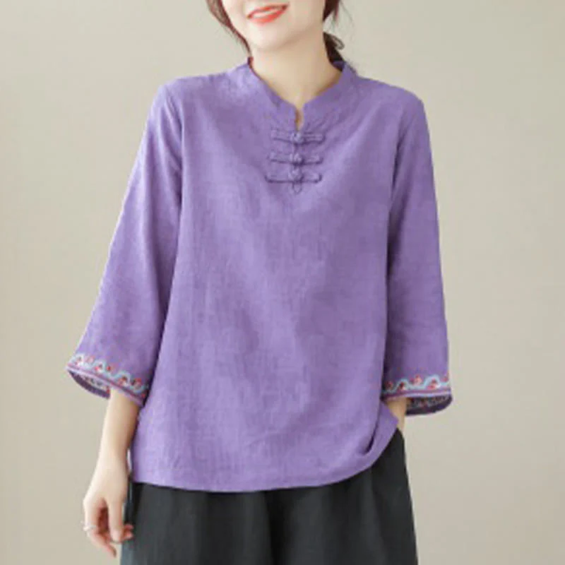 Camicia da donna in cotone e lino con maniche a tre quarti, modello girocollo, in jacquard casual con bottoni a rana e motivo Buddha Stones - Image 26