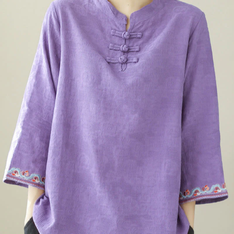 Camicia da donna in cotone e lino con maniche a tre quarti, modello girocollo, in jacquard casual con bottoni a rana e motivo Buddha Stones - Image 27