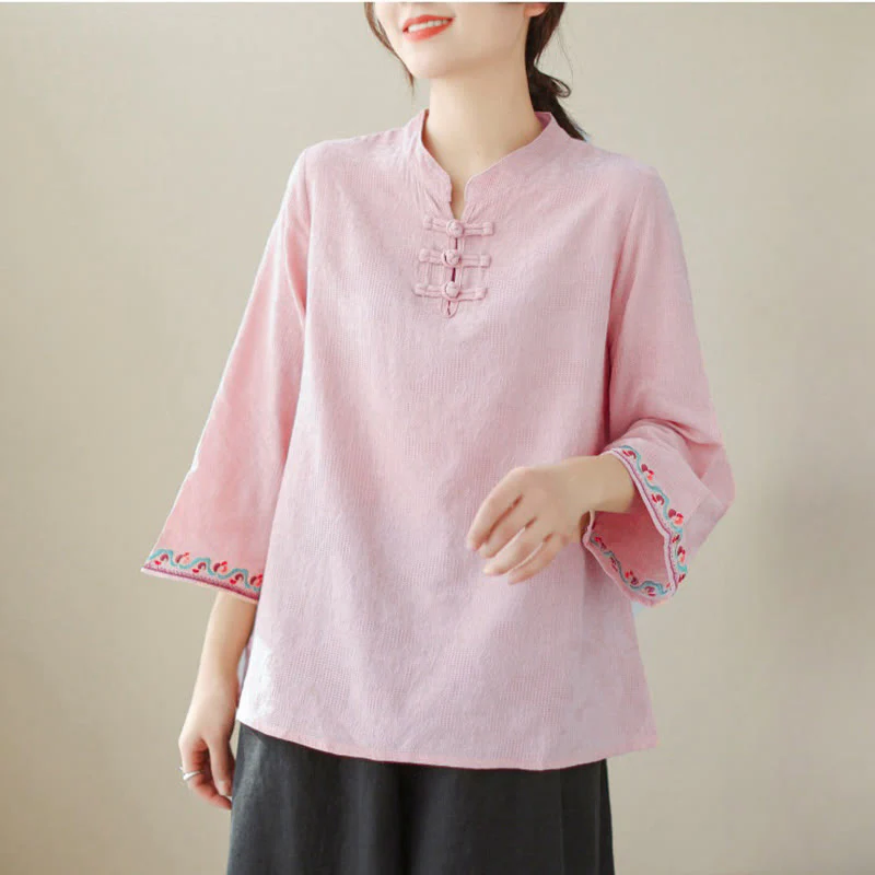 Camicia da donna in cotone e lino con maniche a tre quarti, modello girocollo, in jacquard casual con bottoni a rana e motivo Buddha Stones - Image 29