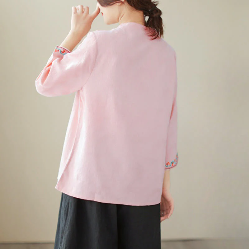 Camicia da donna in cotone e lino con maniche a tre quarti, modello girocollo, in jacquard casual con bottoni a rana e motivo Buddha Stones - Image 30
