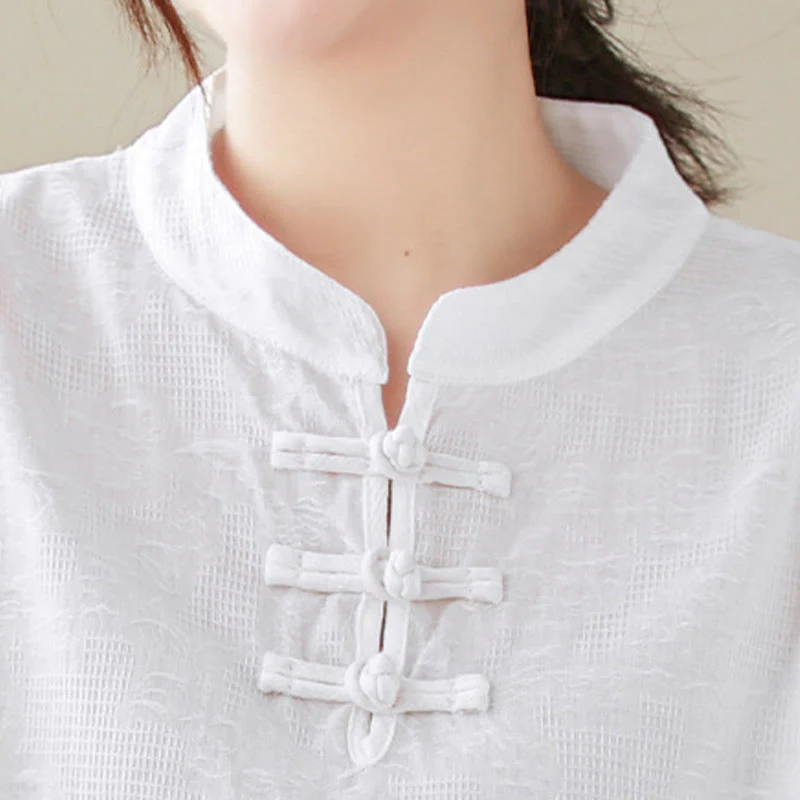 Camicia da donna in cotone e lino con maniche a tre quarti, modello girocollo, in jacquard casual con bottoni a rana e motivo Buddha Stones - Image 6
