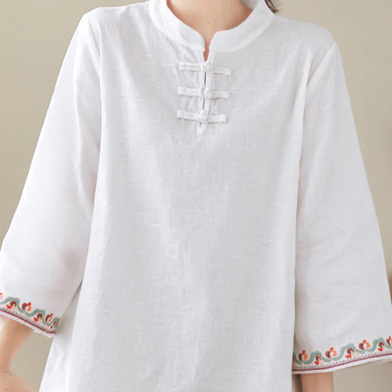 Camicia da donna in cotone e lino con maniche a tre quarti, modello girocollo, in jacquard casual con bottoni a rana e motivo Buddha Stones - Image 7