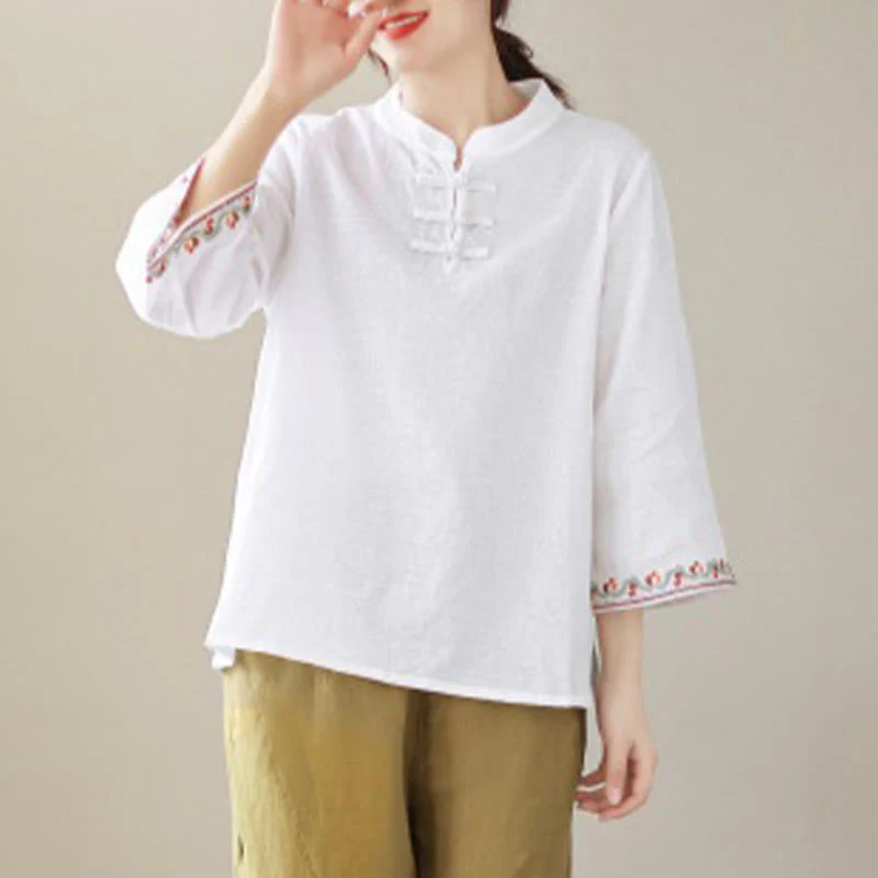 Camicia da donna in cotone e lino con maniche a tre quarti, modello girocollo, in jacquard casual con bottoni a rana e motivo Buddha Stones - Image 9
