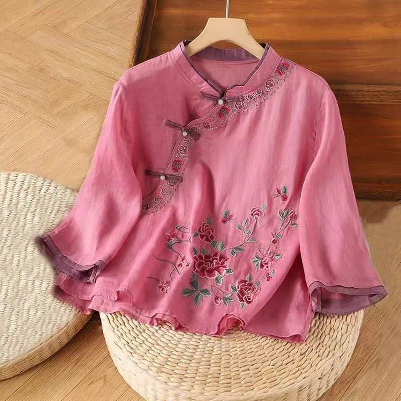 Camicia da donna in cotone e lino con maniche a tre quarti, motivo floreale, motivo zen vintage con ricamo Buddha Stones e rana cinese. - Image 5