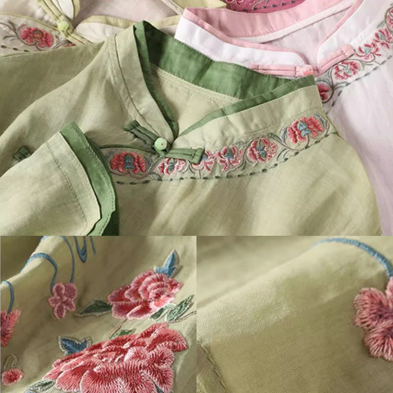 Camicia da donna in cotone e lino con maniche a tre quarti, motivo floreale, motivo zen vintage con ricamo Buddha Stones e rana cinese. - Image 6