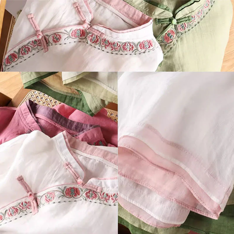 Camicia da donna in cotone e lino con maniche a tre quarti, motivo floreale, motivo zen vintage con ricamo Buddha Stones e rana cinese. - Image 7