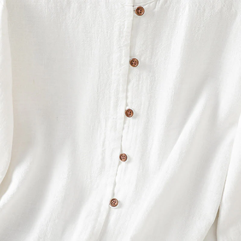 Camicia da donna in cotone e lino con orlo semplice e spacco, tinta unita, motivo Buddha Stones Spring - Image 15