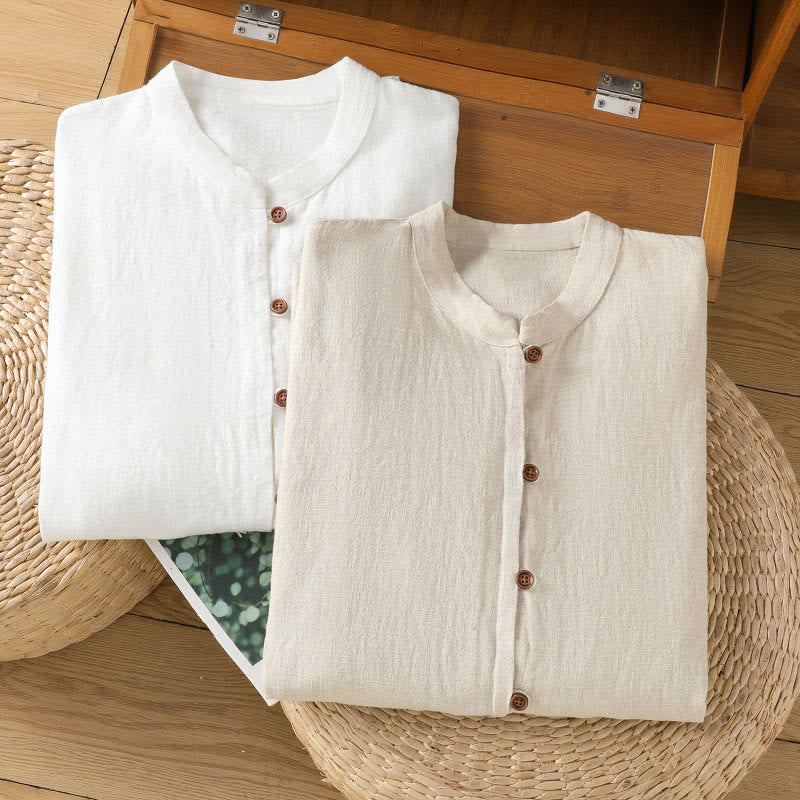 Camicia da donna in cotone e lino con orlo semplice e spacco, tinta unita, motivo Buddha Stones Spring - Image 23
