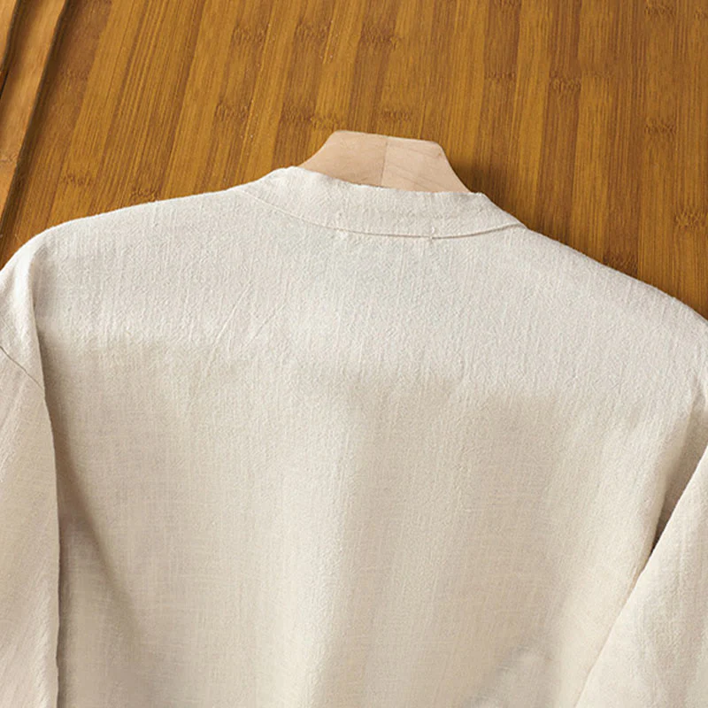 Camicia da donna in cotone e lino con orlo semplice e spacco, tinta unita, motivo Buddha Stones Spring - Image 4