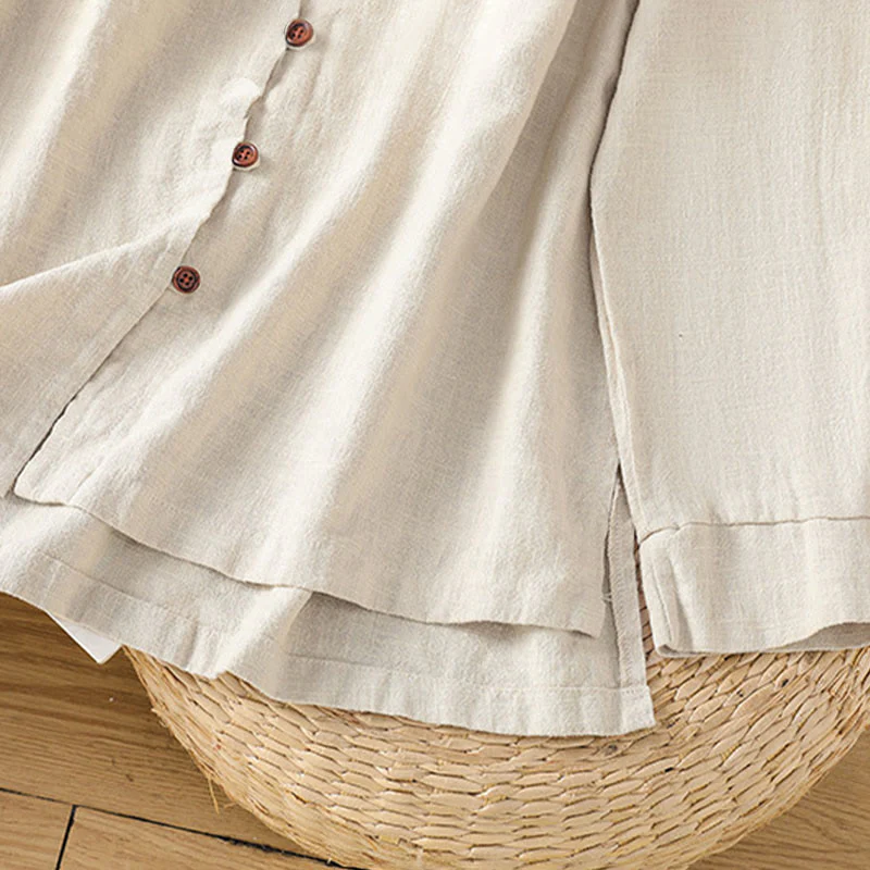 Camicia da donna in cotone e lino con orlo semplice e spacco, tinta unita, motivo Buddha Stones Spring - Image 8