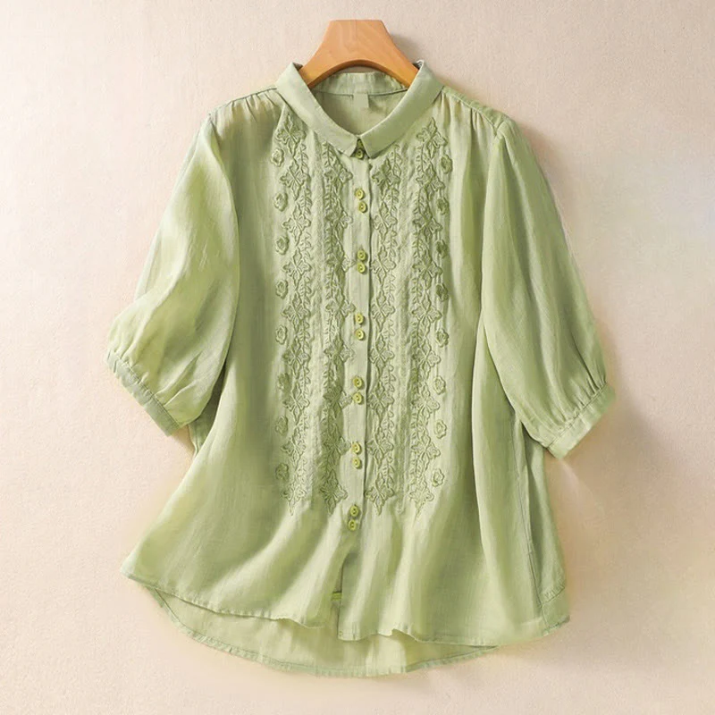 Camicia da donna in cotone e lino con risvolto, manica a tre quarti, motivo floreale, Buddha Stones