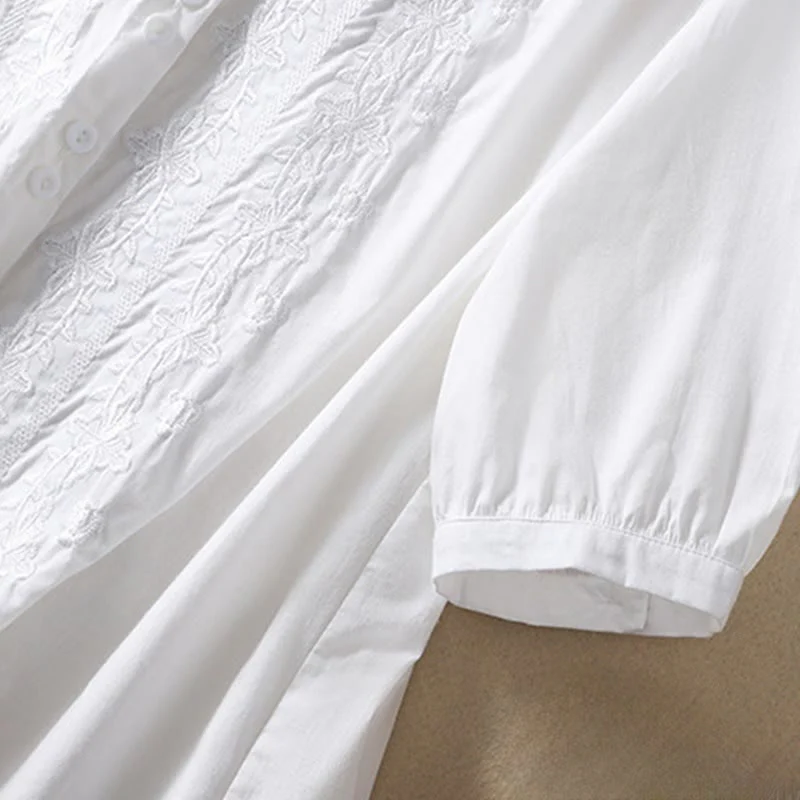 Camicia da donna in cotone e lino con risvolto, manica a tre quarti, motivo floreale, Buddha Stones - Image 10