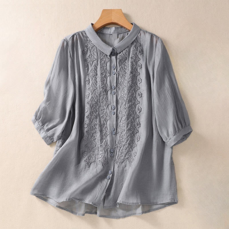 Camicia da donna in cotone e lino con risvolto, manica a tre quarti, motivo floreale, Buddha Stones - Image 14