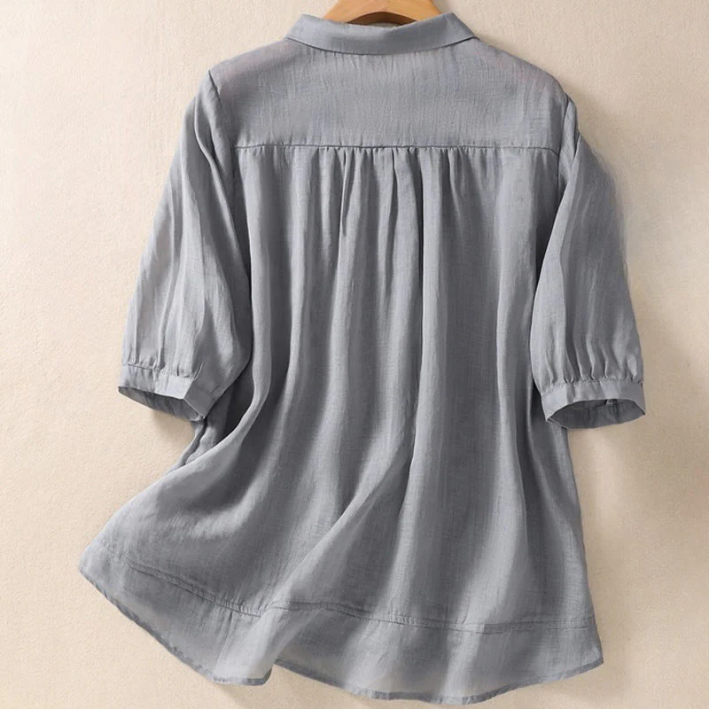 Camicia da donna in cotone e lino con risvolto, manica a tre quarti, motivo floreale, Buddha Stones - Image 15