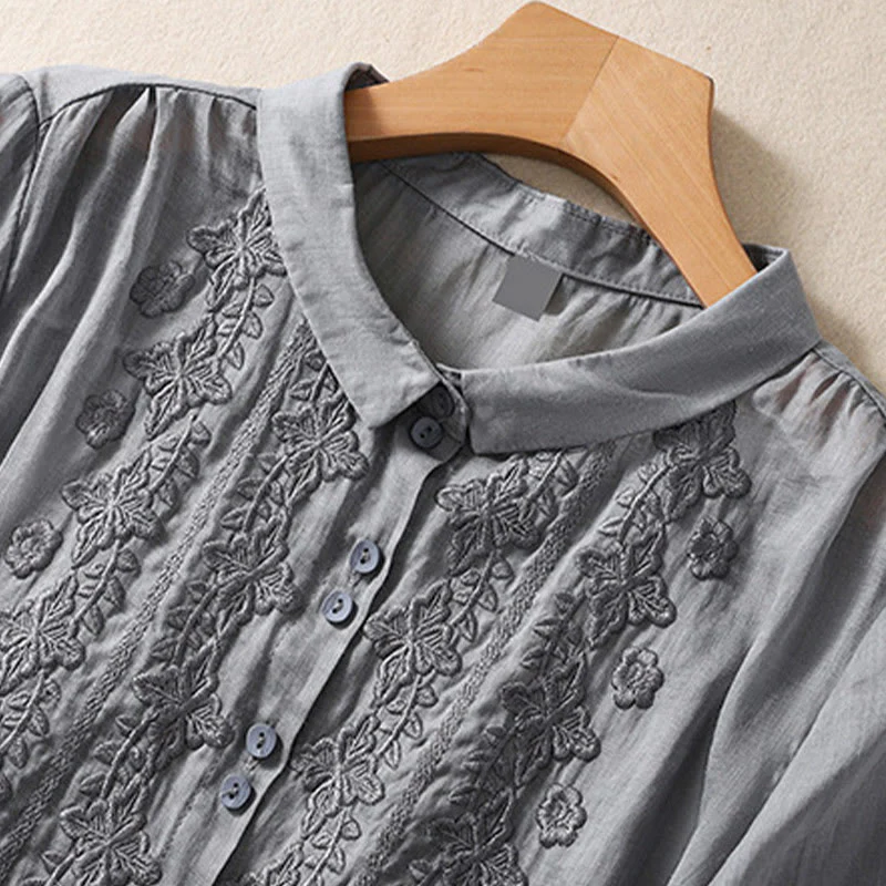 Camicia da donna in cotone e lino con risvolto, manica a tre quarti, motivo floreale, Buddha Stones - Image 16