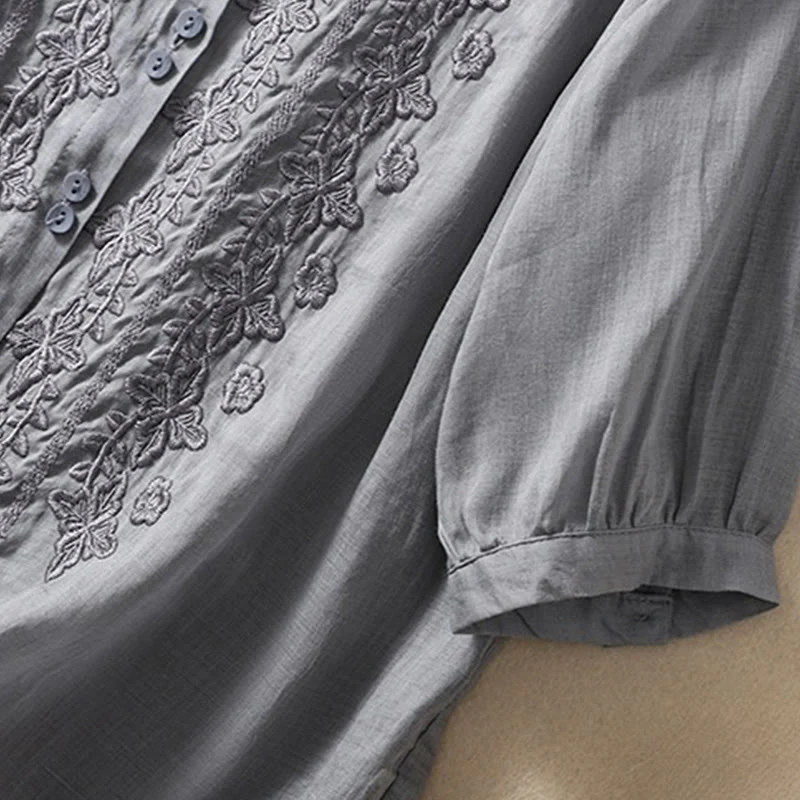 Camicia da donna in cotone e lino con risvolto, manica a tre quarti, motivo floreale, Buddha Stones - Image 18