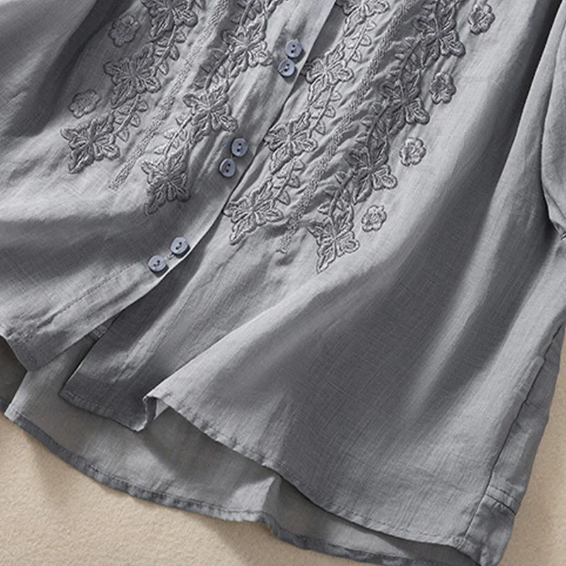 Camicia da donna in cotone e lino con risvolto, manica a tre quarti, motivo floreale, Buddha Stones - Image 19