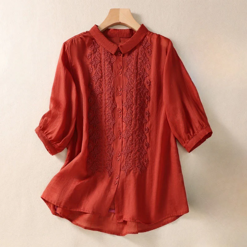 Camicia da donna in cotone e lino con risvolto, manica a tre quarti, motivo floreale, Buddha Stones - Image 20