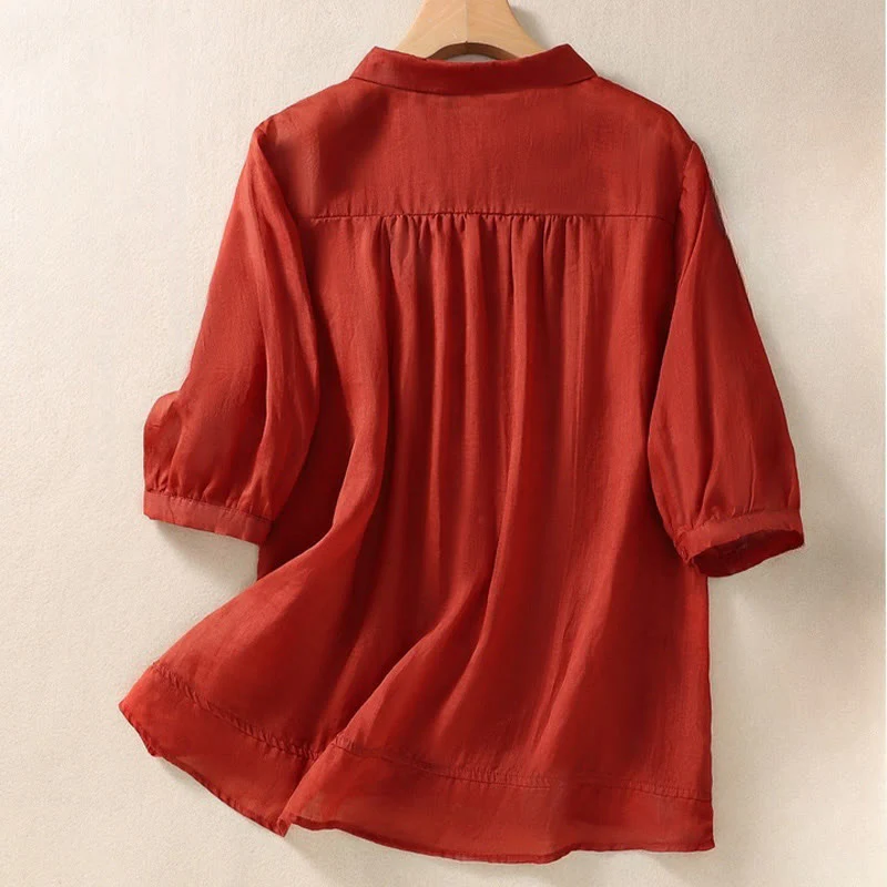Camicia da donna in cotone e lino con risvolto, manica a tre quarti, motivo floreale, Buddha Stones - Image 21