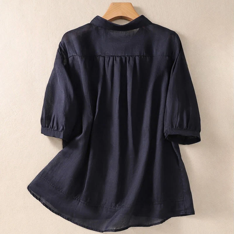 Camicia da donna in cotone e lino con risvolto, manica a tre quarti, motivo floreale, Buddha Stones - Image 28