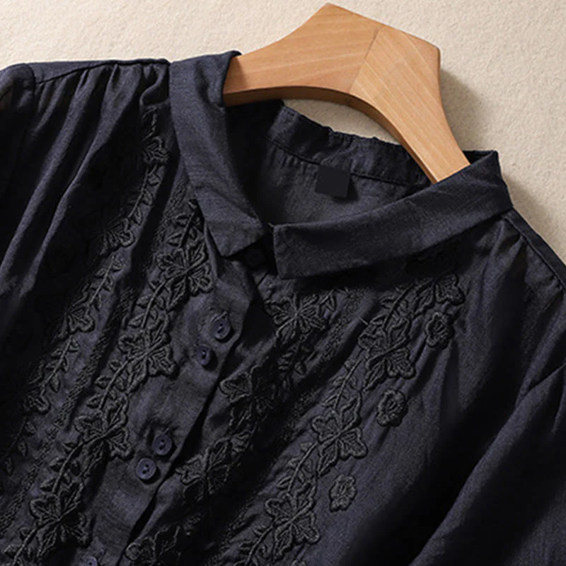Camicia da donna in cotone e lino con risvolto, manica a tre quarti, motivo floreale, Buddha Stones - Image 29