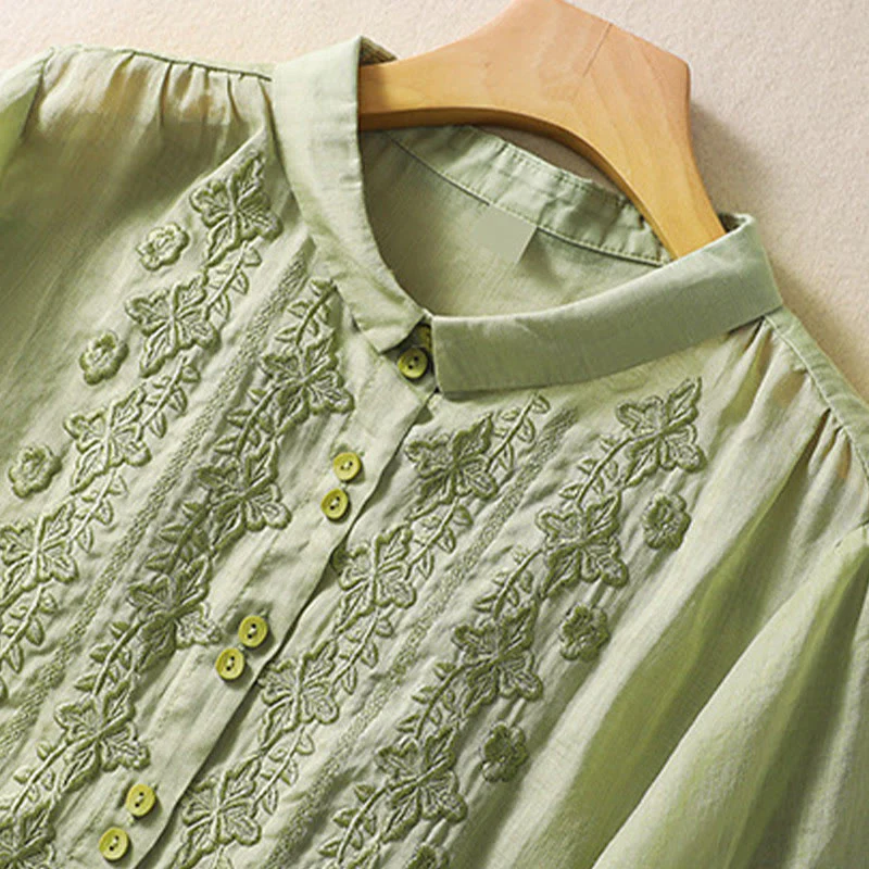 Camicia da donna in cotone e lino con risvolto, manica a tre quarti, motivo floreale, Buddha Stones - Image 3