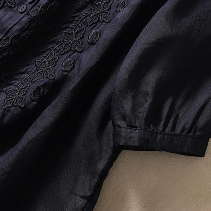 Camicia da donna in cotone e lino con risvolto, manica a tre quarti, motivo floreale, Buddha Stones - Image 31